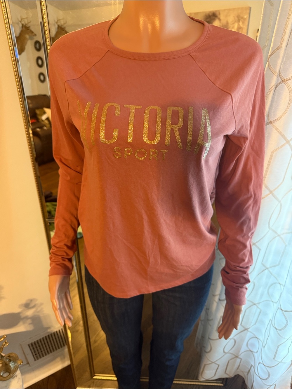 Victoria's Secret Rose Pink Long-Sleeve Crew Sweatshirt with Gold Logo